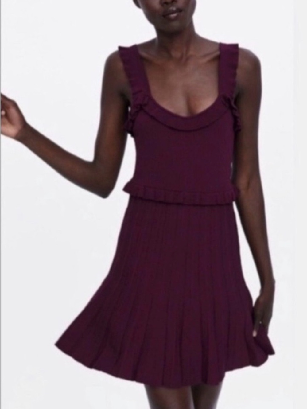 Zara Plum Ruffled Knit Pleated Mini Dress